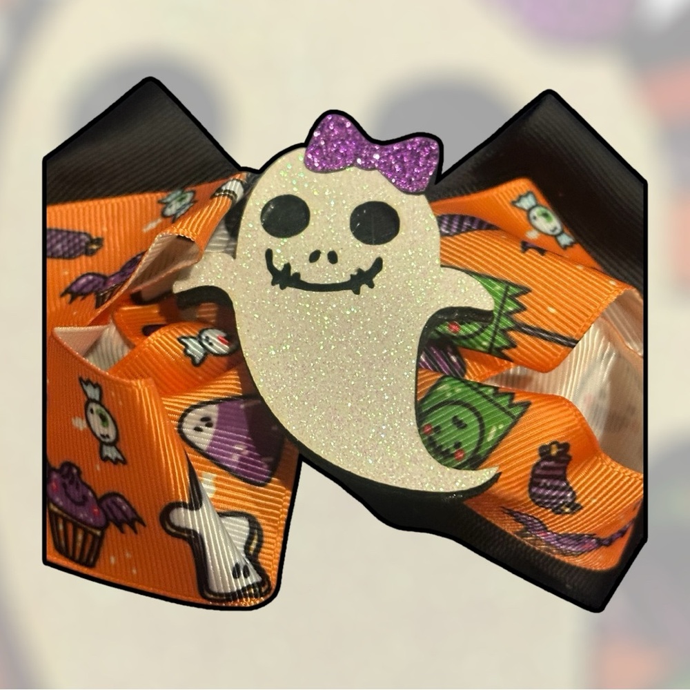 Halloween Ghost Hair Bow with Glitter Accents